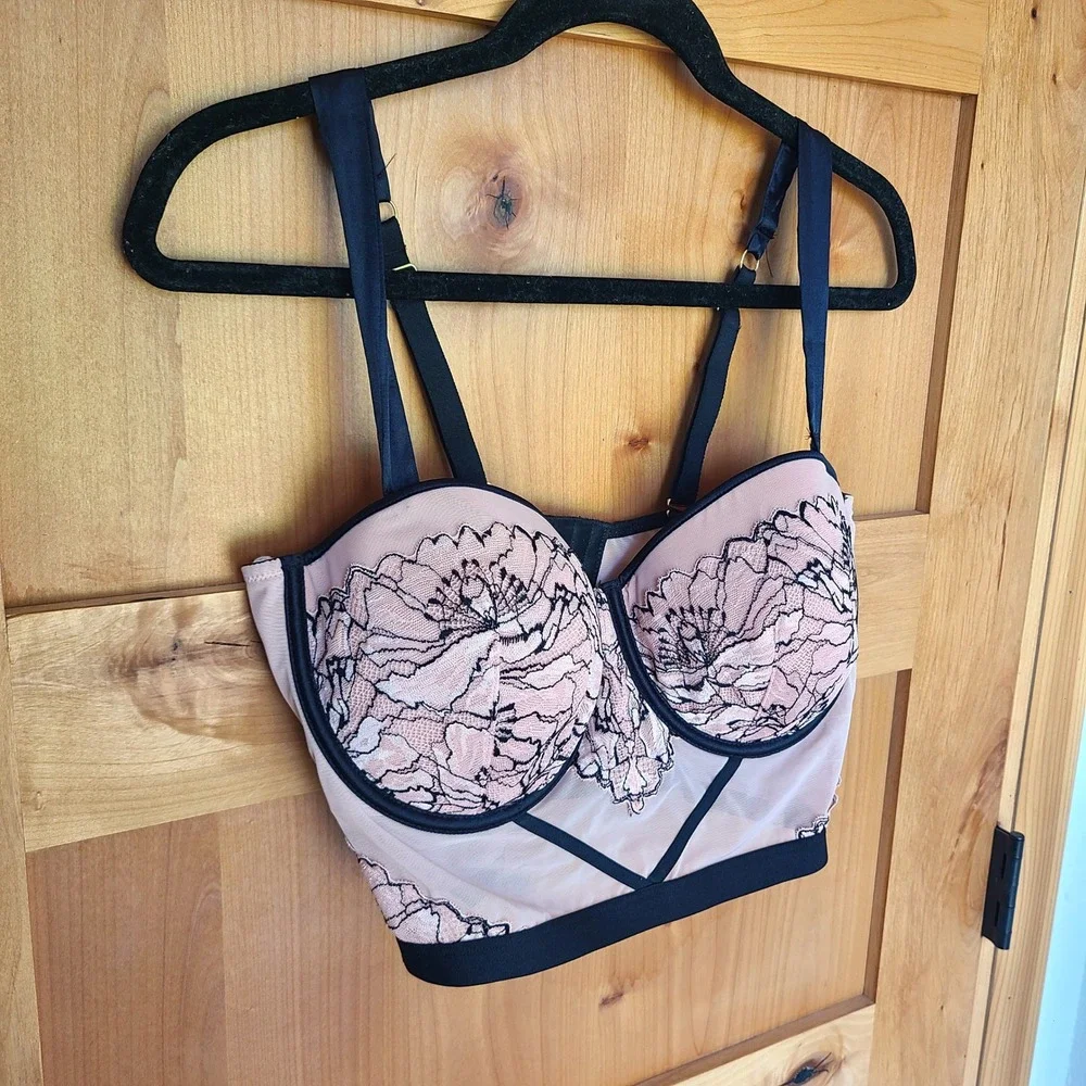 Auden‎ Large Pink Black Long Line Bra Bustier Feminine Underwire Lace Soft Girl